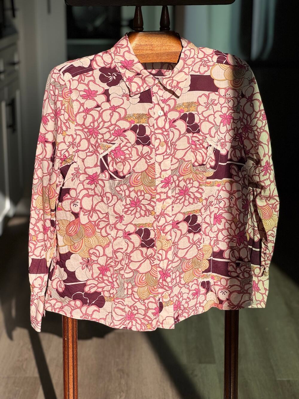 l.e. Relaxed Petite Floral Button Front Shirt Pink Purple Y2K Boho Cotton PXL